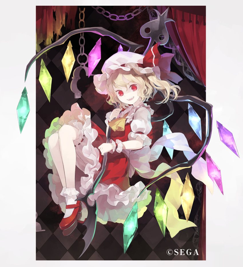 1girl ascot bloomers bow chain chunithm cuffs curtains dress fang flandre_scarlet hat hat_bow highres laevatein looking_at_viewer mary_janes mob_cap open_mouth puffy_short_sleeves puffy_sleeves red_dress red_eyes shackles shihou_(g-o-s) shirt shoes short_sleeves side_ponytail smile solo touhou underwear upskirt wings wrist_cuffs