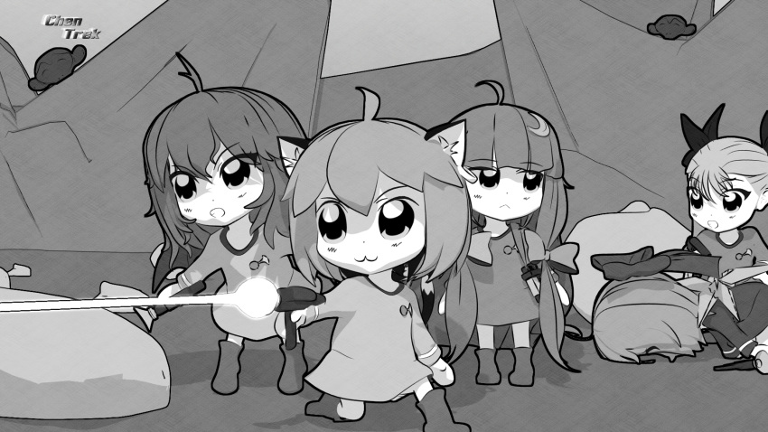 3d 5girls :&lt; :3 :o bat_wings bike_horn bkub_(style) blender_(medium) boots bow chen chibi cirno commentary crossover dance_in_the_vampire_bund dress earrings energy_gun firing greyscale gs-mantis hair_bow hair_ribbon highres jewelry laser_beam laser_rifle long_hair lying mina_tepes monochrome multiple_girls no_hat on_stomach outdoors parody patchouli_knowledge remilia_scarlet ribbon rock star_trek touhou twintails uniform weapon wings