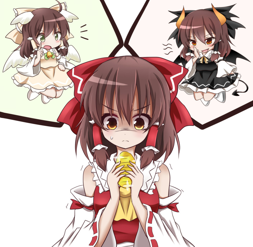 &gt;:( &gt;:d 3girls :d angel angel_wings bare_shoulders bell black_dress blush bow brown_hair coin commentary_request d: d:&lt; demon_girl demon_horns demon_tail detached_sleeves dress fang finger_wagging frown gold green_eyes hachimi hair_bow hair_tubes hakurei_reimu head_wings highres horns koban_(gold) large_bow multiple_girls open_mouth orange_eyes shaded_face shoulder_angel shoulder_devil smile socks sparkle sweatdrop tail touhou trembling tsurime turn_pale whispering white_dress wings yellow_eyes