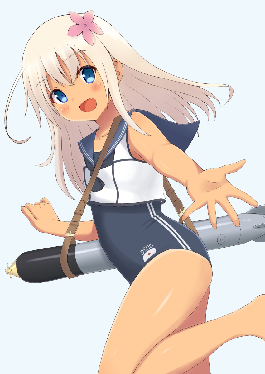 1girl :d absurdres bare_shoulders blonde_hair blue_eyes crop_top crop_top_overhang flower hair_flower hair_ornament highres kantai_collection long_hair looking_at_viewer neckerchief negishio open_mouth outstretched_hand ro-500_(kantai_collection) sailor_collar school_swimsuit smile solo swimsuit swimsuit_under_clothes tan tanline torpedo