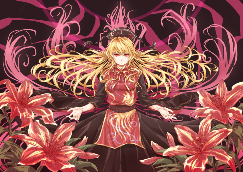1girl absurdres animal_print bangs black_dress blonde_hair breasts chinese_clothes dress energy floating_hair flower fox_tail hands_up hat highres junko_(touhou) lily_(flower) long_hair looking_at_viewer multiple_tails nomu_haji obi open_hands outstretched_arms purple_background red_eyes ribbon sash smile solo tabard tail touhou very_long_hair wide_sleeves
