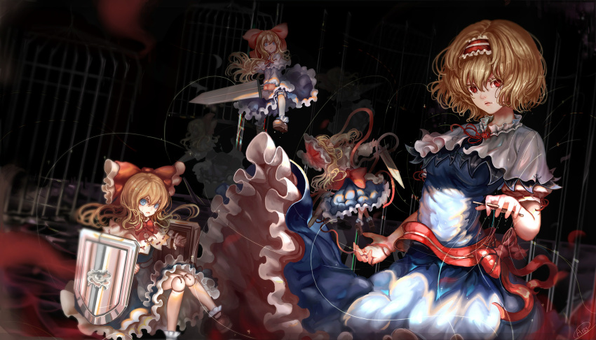 1girl alice_margatroid birdcage blonde_hair blue_dress blue_eyes blurry bow cage capelet closed_eyes colored_eyelashes depth_of_field doll_joints dress dual_wielding frilled_dress frills hair_bow hairband highres kiyomasa_ren lips lolita_hairband long_hair long_sleeves looking_at_viewer puffy_short_sleeves puffy_sleeves puppet puppet_strings red_eyes ribbon sash shanghai_doll shield short_hair short_sleeves signature sitting sword touhou very_long_hair weapon