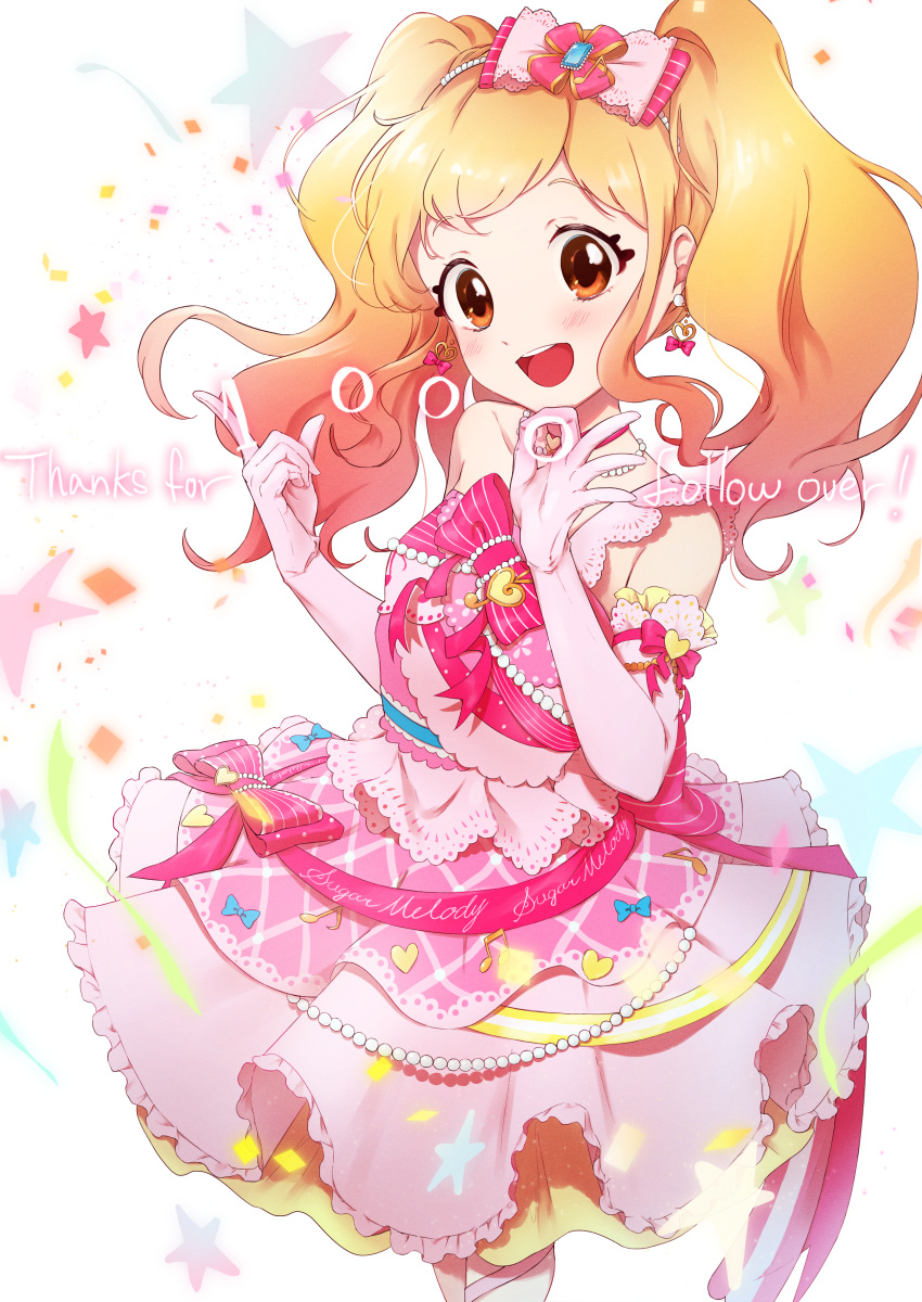 1girl :d absurdres aikatsu!_(series) aikatsu_stars! beamed_eighth_notes blonde_hair blue_bow blush bow bow_earrings brown_eyes confetti cowboy_shot dress earrings eighth_note elbow_gloves english_text eyebrows_visible_through_hair floral_print followers frilled_dress frills gem gloves gradient_hair hair_bow hairband heart heart_earrings highres idol jewelry multicolored_hair musical_note nijino_yume ok_sign open_mouth pearl_(gemstone) pearl_hair_ornament pink_bow pink_dress pink_gloves pink_hair simple_background sleeveless sleeveless_dress smile solo star supersaiazin-kanako thank_you treble_clef twintails white_background
