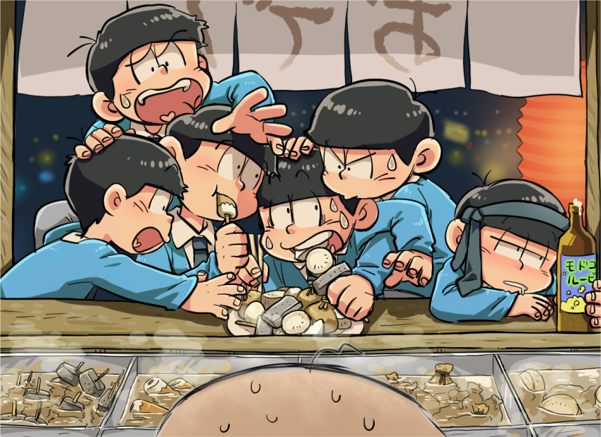 6+boys black_hair bottle bowl_cut brothers chibita chikuwa choromatsu drooling eating food formal heart heart_in_mouth ichimatsu jyushimatsu karamatsu lantern male_focus multiple_boys necktie necktie_on_head oden osomatsu-kun osomatsu-san osomatsu_(osomatsu-kun) paper_lantern plate sextuplets siblings sitting suit sweatdrop todomatsu