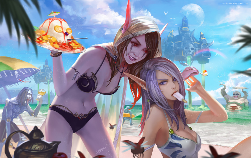 2girls 3boys armor artist_name backlighting beach beach_umbrella bikini bikini_armor blonde_hair blue_sky breasts character_request chenbo clouds collarbone earrings elf email_address eyebrows facial_tattoo food highres hood insect jewelry large_breasts leaning_forward lips looking_at_another looking_at_viewer multiple_boys multiple_girls navel nose outdoors parted_lips pointy_ears popsicle purple_hair purple_skin rainbow realistic red_eyes signature sky smile swimsuit sylvanas_windrunner tagme tattoo tree_branch undead violet_eyes warcraft world_of_warcraft