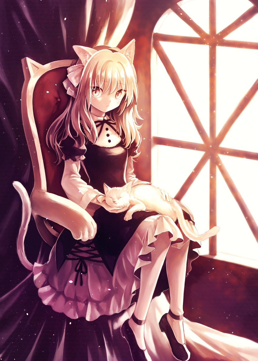 1girl animal_ears animal_on_lap armchair blonde_hair cat_ears cat_on_lap cat_tail chair curtains dress expressionless frilled_dress frills highres kazi light light_particles long_sleeves looking_at_viewer original sitting sleeping solo sunlight tail window yellow_eyes