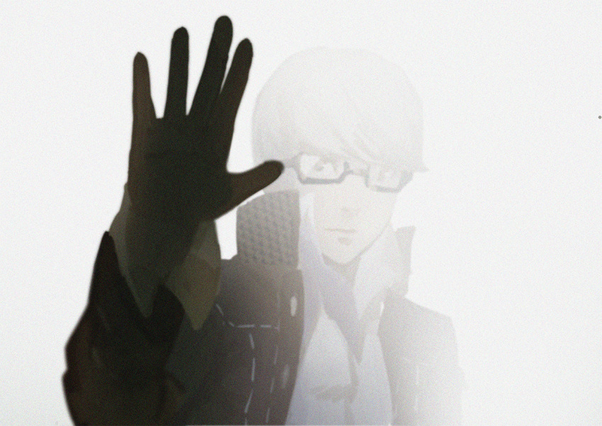 1boy black_gloves fog gakuran glasses gloves grey_eyes grey_hair nanaya_(daaijianglin) narukami_yuu persona persona_4 school_uniform short_hair