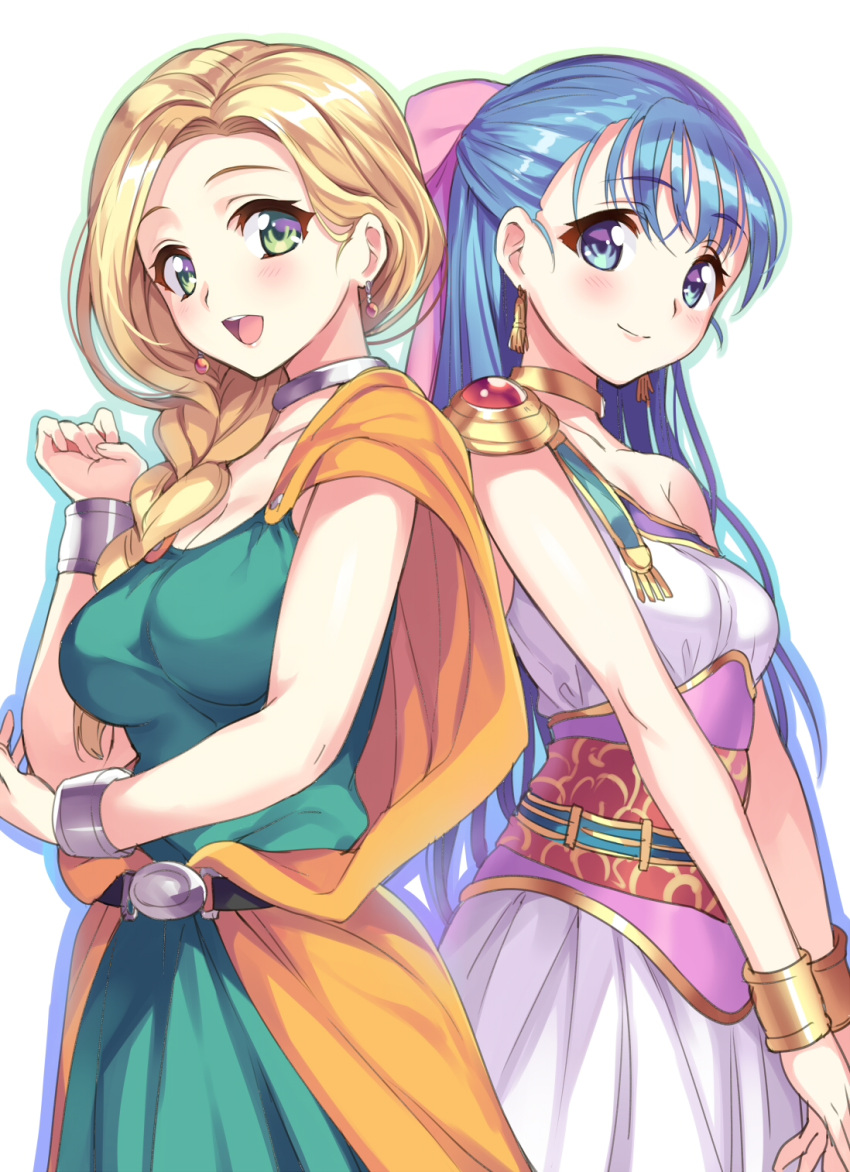 2girls :d belt bianca blonde_hair blue_eyes blue_hair blush braid breasts cleavage dragon_quest dragon_quest_v earrings flora gan_(shanimuni) green_eyes highres jewelry long_hair looking_at_viewer multiple_girls open_mouth simple_background smile teeth white_background