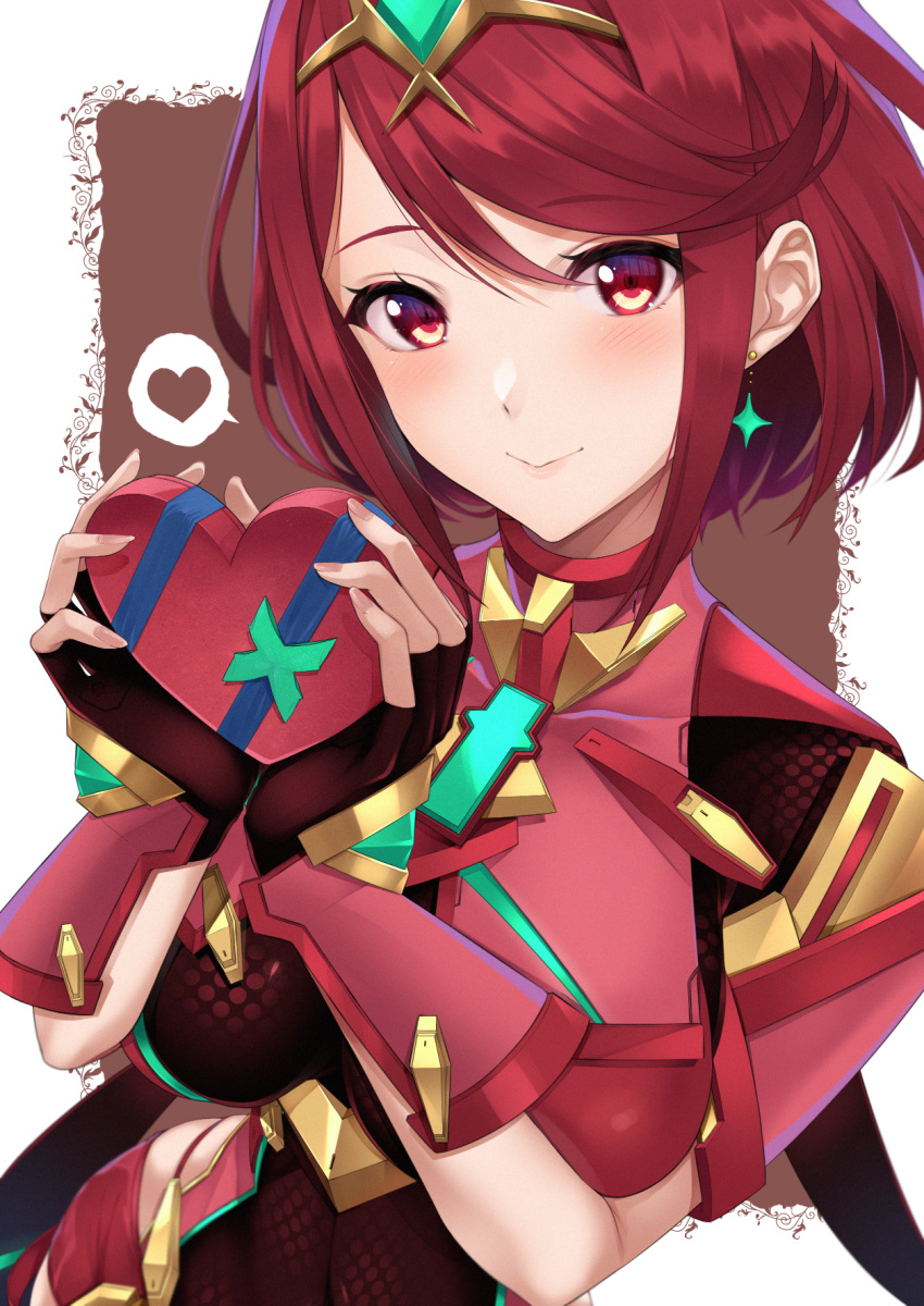 1girl bangs black_gloves blush breasts candy chest_jewel chocolate chocolate_heart earrings fingerless_gloves food gloves heart highres jewelry large_breasts looking_at_viewer pyra_(xenoblade) red_eyes redhead short_hair sidelocks smile solo swept_bangs tiara valentine xenoblade_chronicles_(series) xenoblade_chronicles_2 yuuki_shin