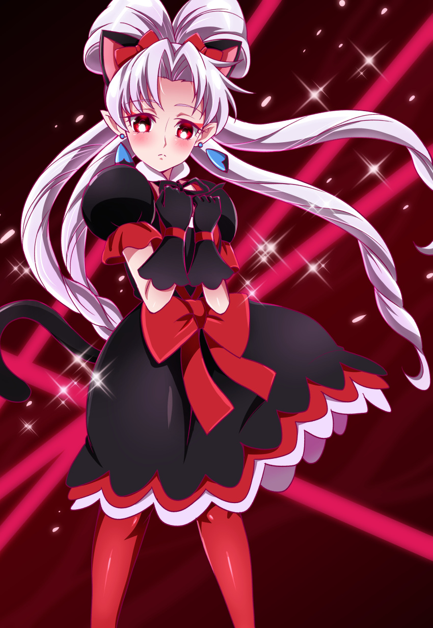 1girl absurdres akagi_towa albino animal_ears black_gloves black_skirt bow cat_ears cat_tail earrings gloves go!_princess_precure hair_bow highres jewelry kemonomimi_mode long_hair pantyhose pink_background pointy_ears precure puffy_sleeves quad_tails red_bow red_eyes red_legwear sharumon skirt solo standing tail twilight_(go!_princess_precure) white_hair