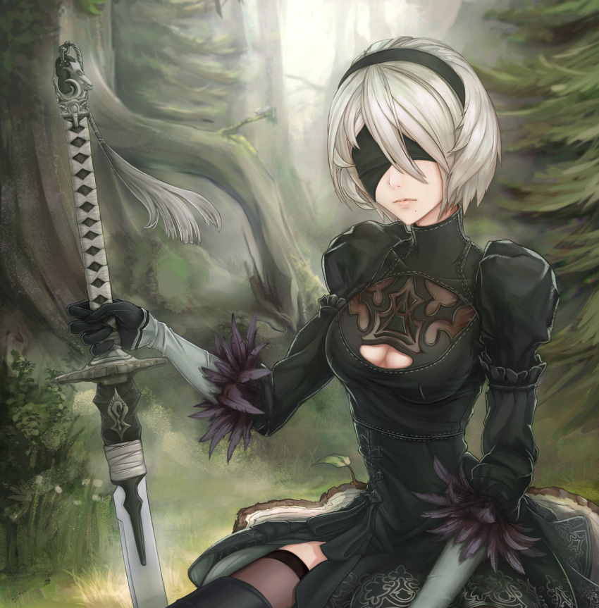 1girl bangs blindfold blonde_hair dress gloves grass green_dress green_legwear hair_between_eyes hairband highres holding_sword holding_weapon juliet_sleeves lips long_sleeves mole mole_under_mouth nature nier nier_automata outdoors planted_sword planted_weapon puffy_sleeves revision short_hair silver_hair sitting solo sword thigh-highs tree tree_stump unsomnus weapon yorha_unit_no._2_type_b