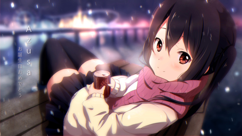 1girl bench black_hair black_legwear blurry blush breath can character_name closed_mouth coffee depth_of_field dutch_angle hair_between_eyes highres holding k-on! long_hair long_sleeves looking_at_viewer miniskirt nakano_azusa night night_sky outdoors plaid red_eyes scarf sitting skirt sky smile snowing solo thigh-highs translation_request twintails xiao_ren zettai_ryouiki