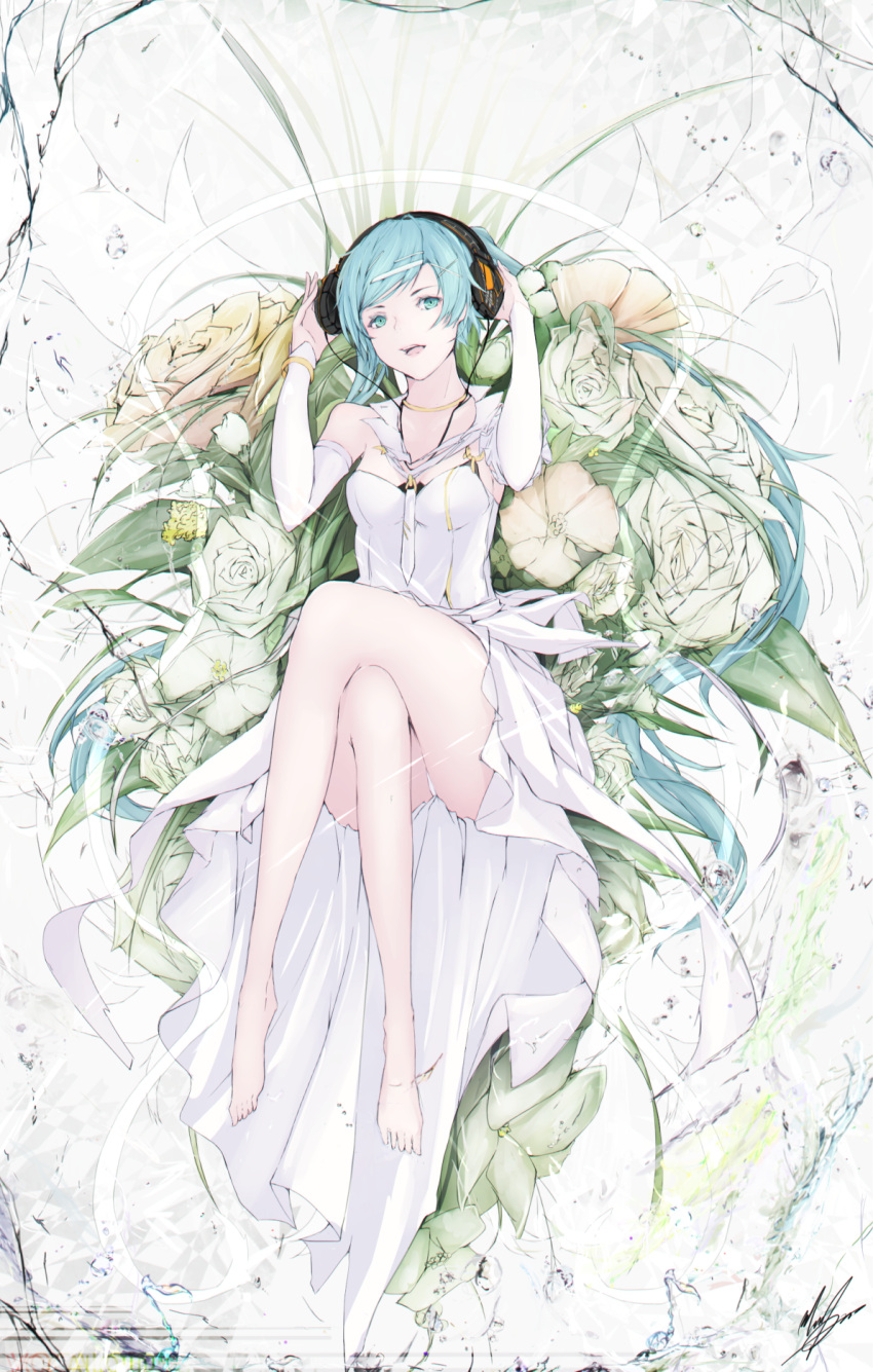 1girl alternate_costume aqua_eyes aqua_hair barefoot bracelet crossed_legs detached_sleeves dress flower hands_on_headphones hatsune_miku headphones headphones_removed highres jewelry long_hair looking_at_viewer marumoru muted_color necklace open_mouth pale_skin signature sitting smile solo twintails vocaloid white_dress