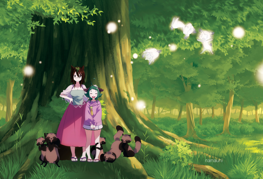 2girls animal_ears artist_name breasts brown_eyes brown_hair capelet cleavage closed_eyes collarbone forest futatsuiwa_mamizou green green_hair hand_on_another's_head hand_on_hip highres kasodani_kyouko large_breasts leaf leaf_on_head long_skirt long_sleeves multiple_girls namauni nature open_mouth outdoors raccoon_ears raccoon_tail sandals shirt skirt smile tail tanuki touhou tree v_arms