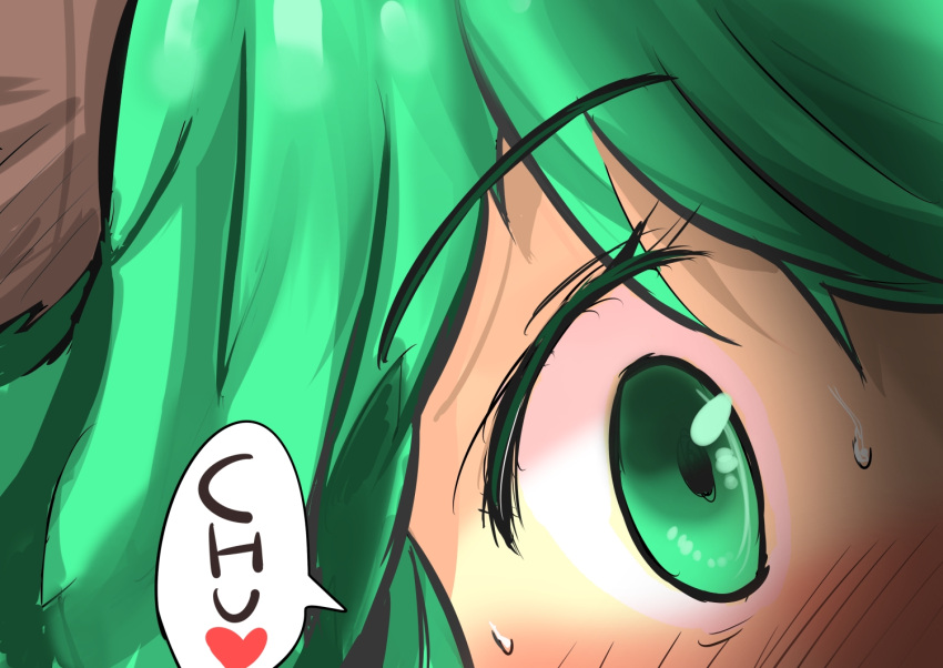 1girl animal_ears blush close-up commentary gaoo_(frpjx283) green_eyes green_hair heart kasodani_kyouko kiss solo surprise_kiss surprised sweat touhou