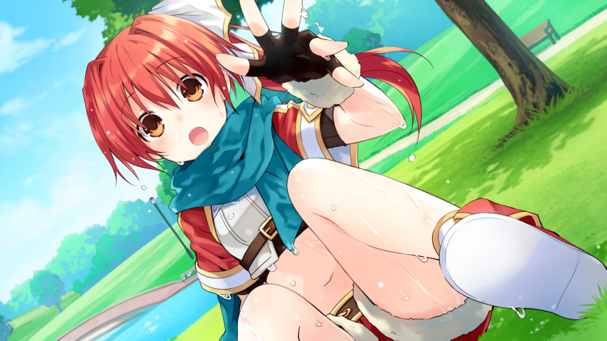 1girl :o belt bench black_gloves blush brown_eyes choujigen_game_neptune dutch_angle falcom_(choujigen_game_neptune) fingerless_gloves game_cg gloves grass hair_ribbon highres lamppost looking_at_viewer midriff navel neptune_(series) official_art open_mouth orange_eyes outdoors path redhead ribbon road scarf shoes shorts side_ponytail sitting solo tree tsunako water wet wet_clothes younger