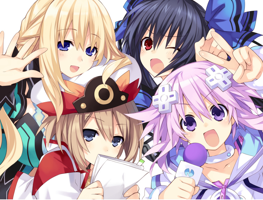 &gt;:d 4girls :d absurdres black_hair blanc blonde_hair blue_eyes blush bookmark breasts brown_hair choujigen_game_neptune collar collarbone game_cg hair_ornament hair_ribbon hat highres holding holding_microphone holding_paper kami_jigen_game_neptune_v large_breasts long_hair looking_at_viewer microphone multiple_girls neptune_(choujigen_game_neptune) neptune_(series) noire official_art one_eye_closed open_mouth paper purple_hair red_eyes ribbon short_hair simple_background smile sweatdrop tsunako twintails v vert violet_eyes white_background