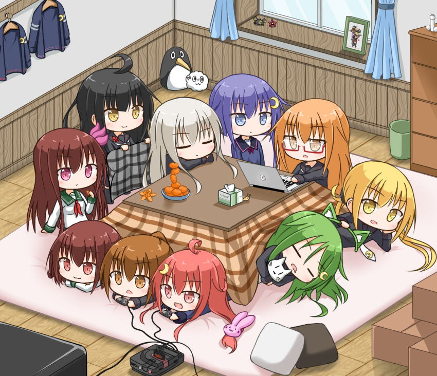 6+girls :3 :d ahoge animal_ears black_hair black_serafuku brown_eyes brown_hair cat_ears closed_eyes closed_mouth commentary_request computer crescent_hair_ornament crescent_moon failure_penguin fake_animal_ears fumizuki_(kantai_collection) glasses hair_ornament high_ponytail highres kantai_collection kikuzuki_(kantai_collection) kisaragi_(kantai_collection) kotatsu laptop long_hair long_sleeves lying mikazuki_(kantai_collection) miss_cloud mochizuki_(kantai_collection) moon multiple_girls mutsuki_(kantai_collection) nagatsuki_(kantai_collection) necktie neo_armstrong_cyclone_jet_armstrong_cannon on_side on_stomach open_mouth ponytail purple_hair red_eyes redhead satsuki_(kantai_collection) school_uniform serafuku short_hair silver_hair smile table twintails under_kotatsu under_table uzuki_(kantai_collection) violet_eyes when_you_see_it yamato_tachibana yayoi_(kantai_collection) yellow_eyes |_|