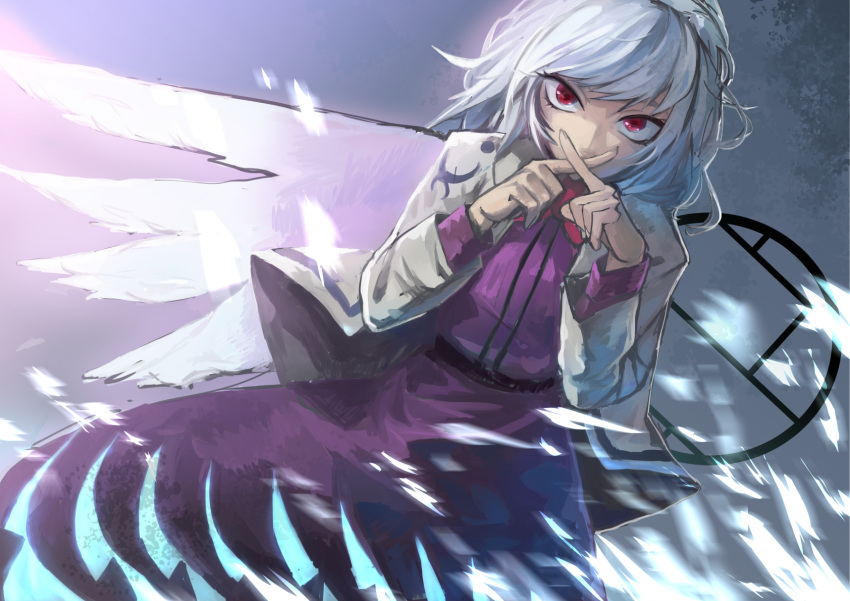 1girl bow bowtie crossed_fingers dress feathers highres jacket kishin_sagume long_sleeves open_clothes purple_dress red_eyes shirt short_hair silver_hair single_wing solo touhou wings zeikomi