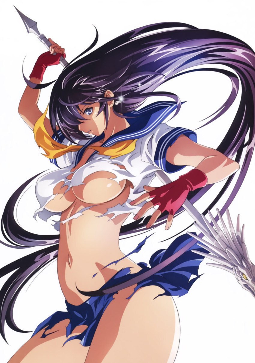 1girl arm_up blue_eyes breasts fingerless_gloves floating_hair from_side gloves highres holding ikkitousen kan'u_unchou long_hair low-tied_long_hair navel no_bra polearm purple_hair short_sleeves simple_background solo tan torn_clothes under_boob very_long_hair weapon white_background