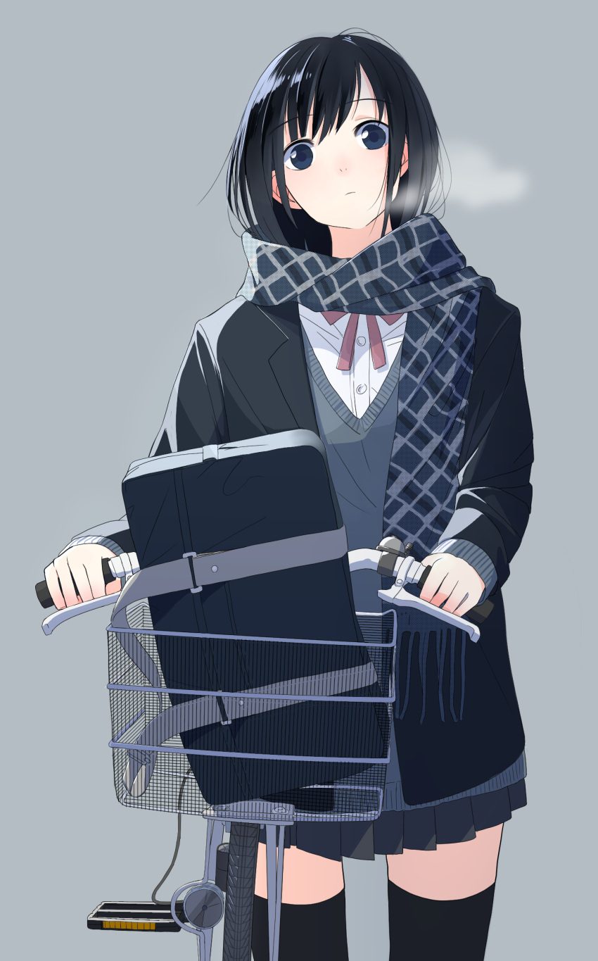 1girl aspara bag bangs bicycle black_hair black_legwear blazer blue_eyes breath cowboy_shot head_tilt highres long_sleeves miniskirt neck_ribbon original pleated_skirt red_ribbon ribbon scarf school_bag school_uniform short_hair simple_background skirt solo sweater_vest swept_bangs thigh-highs zettai_ryouiki