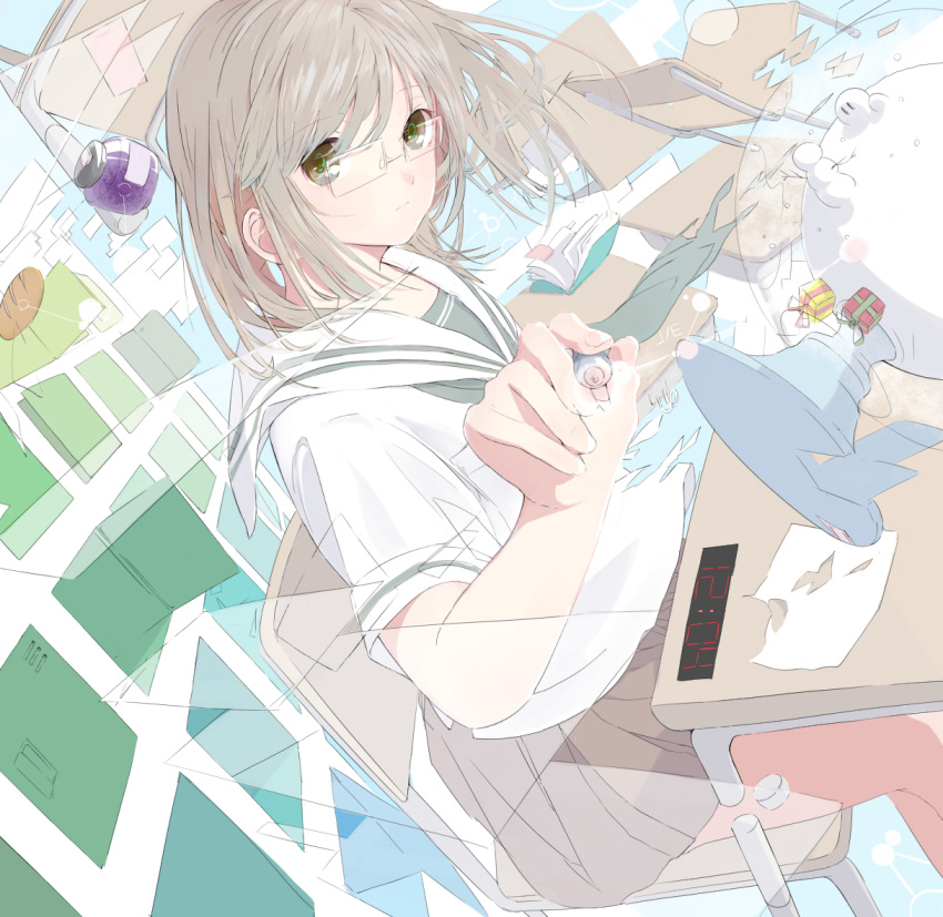 1girl aspara bangs blonde_hair book box bread chair clock closed_mouth desk dissolving drawing dutch_angle floating food gift gift_box glasses green_eyes holding inkblot levitation looking_at_viewer open_book original paper pince-nez pleated_skirt rimless_glasses school_desk school_uniform serafuku short_hair short_sleeves sitting sitting_on_chair skirt snow_globe snowman solo swept_bangs time transparent