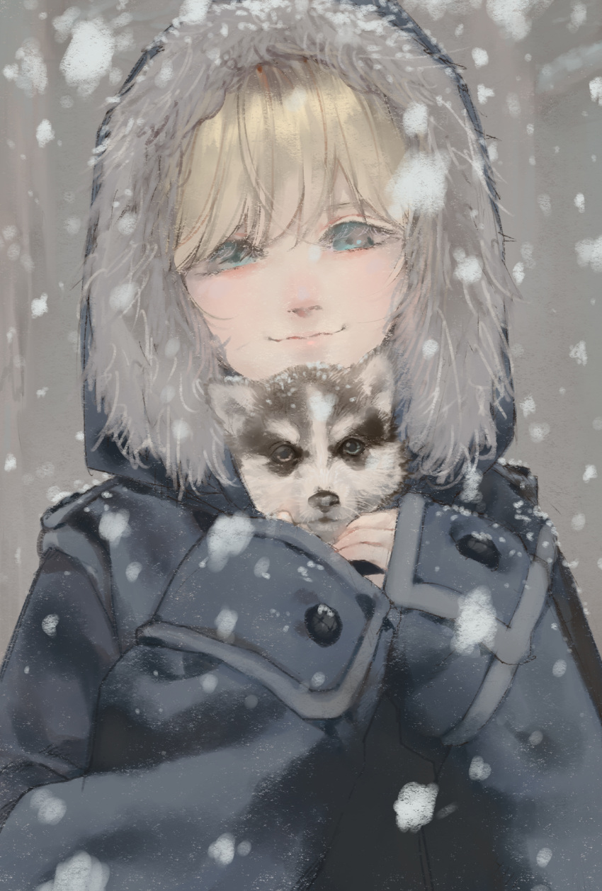 1boy animal_in_clothes bangs blonde_hair buttons closed_mouth coat dog eyelashes fur hana_bell_forest highres hood long_sleeves male_focus original sleeves_past_wrists smile snow snowing upper_body
