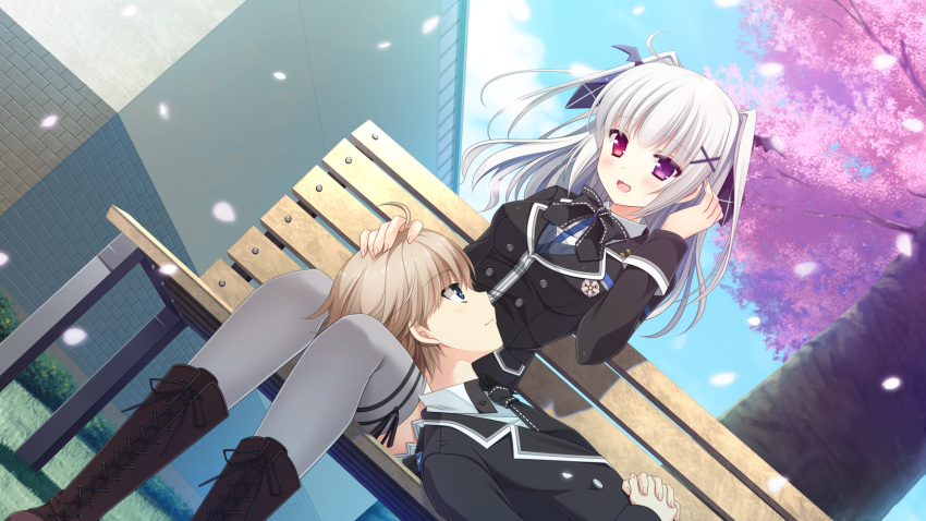 1boy 1girl bench blue_eyes cherry_blossoms cross-laced_footwear eye_contact game_cg grey_legwear hair_ornament hair_ribbon hand_on_another's_head hetero heterochromia highres ikegami_akane imouto_no_okage_de_mote_sugite_yabai lap_pillow light_brown_hair long_sleeves looking_at_another lying on_back open_mouth outdoors petals red_eyes ribbon shiratori_kanae silver_hair sitting thigh-highs tree two_side_up uniform violet_eyes