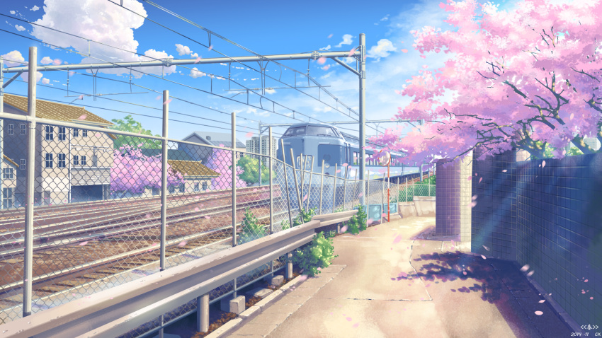 chain-link_fence cherry_blossoms fence highres no_humans original scenery sky traffic_mirror train yuuko-san