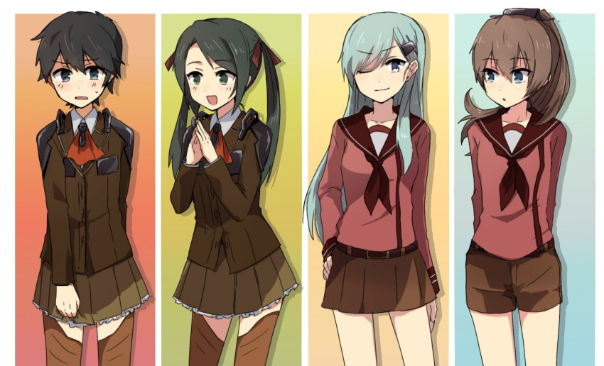4girls annin_musou aqua_hair arm_behind_back arms_behind_back bangs black_hair blue_eyes breasts brown_hair commentary_request cosplay costume_switch green_eyes green_hair grey_eyes hair_ornament hair_ribbon hairclip hand_on_hip hands_together jacket kantai_collection kumano_(kantai_collection) kumano_(kantai_collection)_(cosplay) long_hair looking_at_viewer mikuma_(kantai_collection) mikuma_(kantai_collection)_(cosplay) mogami_(kantai_collection) mogami_(kantai_collection)_(cosplay) multiple_girls one_eye_closed open_mouth pleated_skirt ponytail ribbon school_uniform serafuku short_hair shorts skirt smile suzuya_(kantai_collection) suzuya_(kantai_collection)_(cosplay) swept_bangs thigh-highs twintails