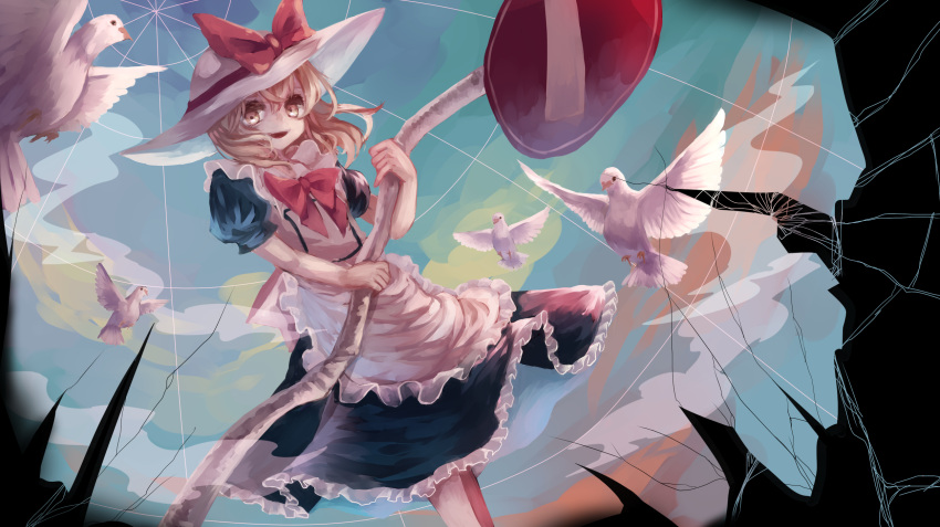 1girl apron bird broken commentary dove hat hat_ribbon highres kana_anaberal light_brown_hair looking_at_viewer puffy_short_sleeves puffy_sleeves ribbon road_sign short_sleeves sign solo sun_hat tamago_tyoko_(ijen0703) touhou touhou_(pc-98)