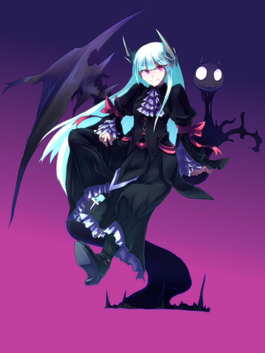 1girl bangs black_dress black_footwear blue_hair blunt_bangs bow closed_mouth dress eyebrows_visible_through_hair fang floating frills gradient gradient_background headwear highres long_hair marupon original red_bow slit_pupils smile solo violet_eyes wings