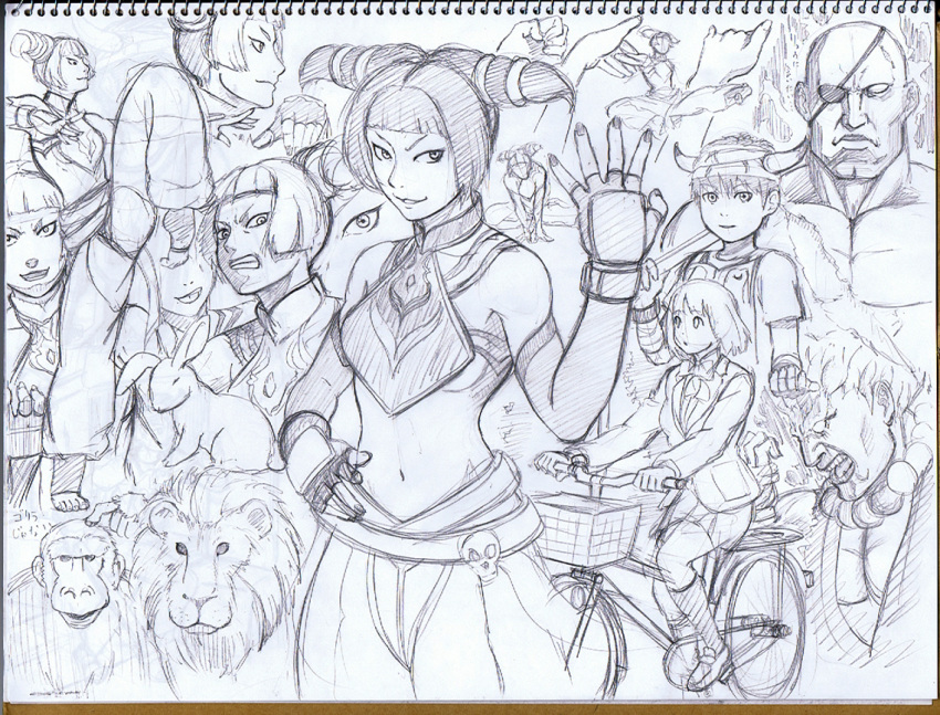 angry bicycle_riding breasts capcom character_request copyright_request detached_sleeves drill_hair eyepatch fighting_stance fingerless_gloves flying_kick gloves gouki halter_top halterneck han_juri ico ico_(character) jin_no_himitu kicking lion midriff monkey monochrome rabbit sagat scar sideboob smile sony street_fighter street_fighter_iv super_street_fighter_iv twin_drills