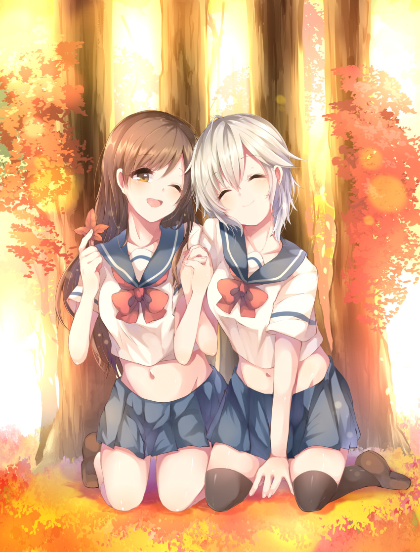 2girls ;d ^_^ absurdres anastasia_(idolmaster) autumn autumn_leaves bangs between_legs black_legwear blue_skirt blush bow brown_eyes brown_hair brown_shoes closed_eyes closed_mouth forest groin hair_between_eyes hand_between_legs head_tilt highres holding_hands idolmaster idolmaster_cinderella_girls kaenuco kneeling long_hair looking_at_viewer midriff miniskirt multiple_girls nature navel nitta_minami one_eye_closed open_mouth outdoors pleated_skirt red_bow red_ribbon ribbon school_uniform serafuku shoes short_hair short_sleeves silver_hair skirt smile swept_bangs thigh-highs tree zettai_ryouiki