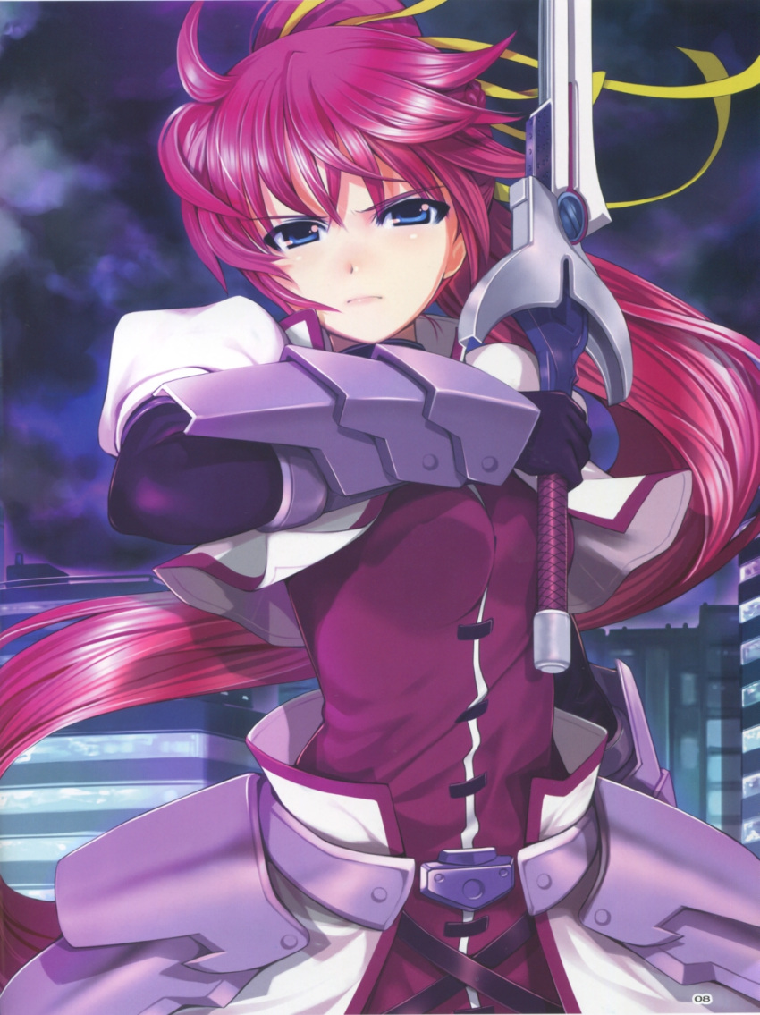 armor armored_dress blue_eyes gauntlets girl hair_ribbon highres holding_sword holding_weapon long_hair looking_at_viewer lyrical_nanoha mahou_shoujo_lyrical_nanoha mahou_shoujo_lyrical_nanoha_a's male_focus mikazuki_akira! night outdoors ponytail purple_hair ribbon signum solo sword weapon yellow_ribbon