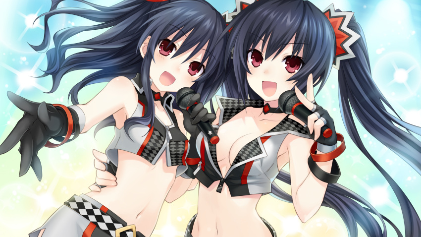 &gt;:d 2girls :d absurdres bangle black_gloves bracelet breasts cleavage collarbone fingerless_gloves game_cg gloves highres holding holding_microphone jewelry long_hair multiple_girls navel neptune_(series) noire official_art open_mouth pencil_skirt siblings sisters skirt smile sparkle star tsunako twintails uni_(choujigen_game_neptune) very_long_hair