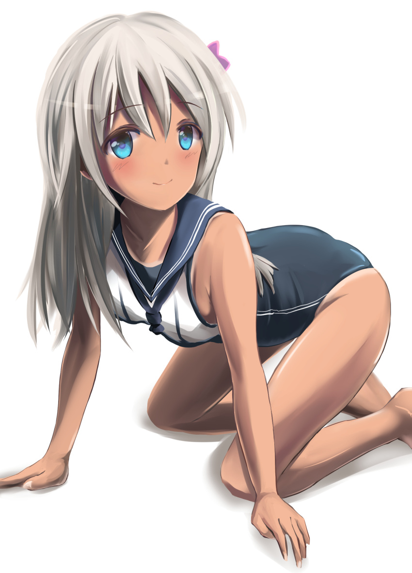 1girl all_fours bare_legs barefoot blue_eyes blush crop_top flower hair_flower hair_ornament highres kantai_collection kuroganeruto long_hair looking_at_viewer ro-500_(kantai_collection) sailor_collar school_swimsuit silver_hair smile solo swimsuit swimsuit_under_clothes tan tanline