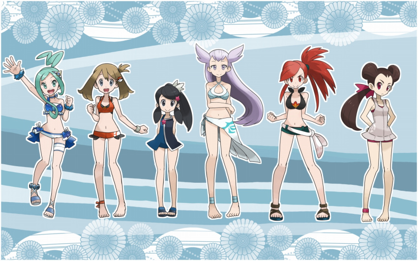 6+girls ankle_cuffs ankle_wraps anklet asuna_(pokemon) barefoot bikini black_eyes black_hair blue_eyes brown_eyes brown_hair green_hair gym_leader haruka_(pokemon) haruka_(pokemon)_(remake) jewelry long_hair looking_at_viewer lucia_(pokemon) mabu_(dorisuto) multiple_girls nagi_(pokemon) navel official_style one-piece_swimsuit open_mouth pokemon pokemon_(game) pokemon_oras purple_hair ran_(pokemon) red_eyes redhead sandals short_shorts shorts smile swimsuit tsutsuji_(pokemon)