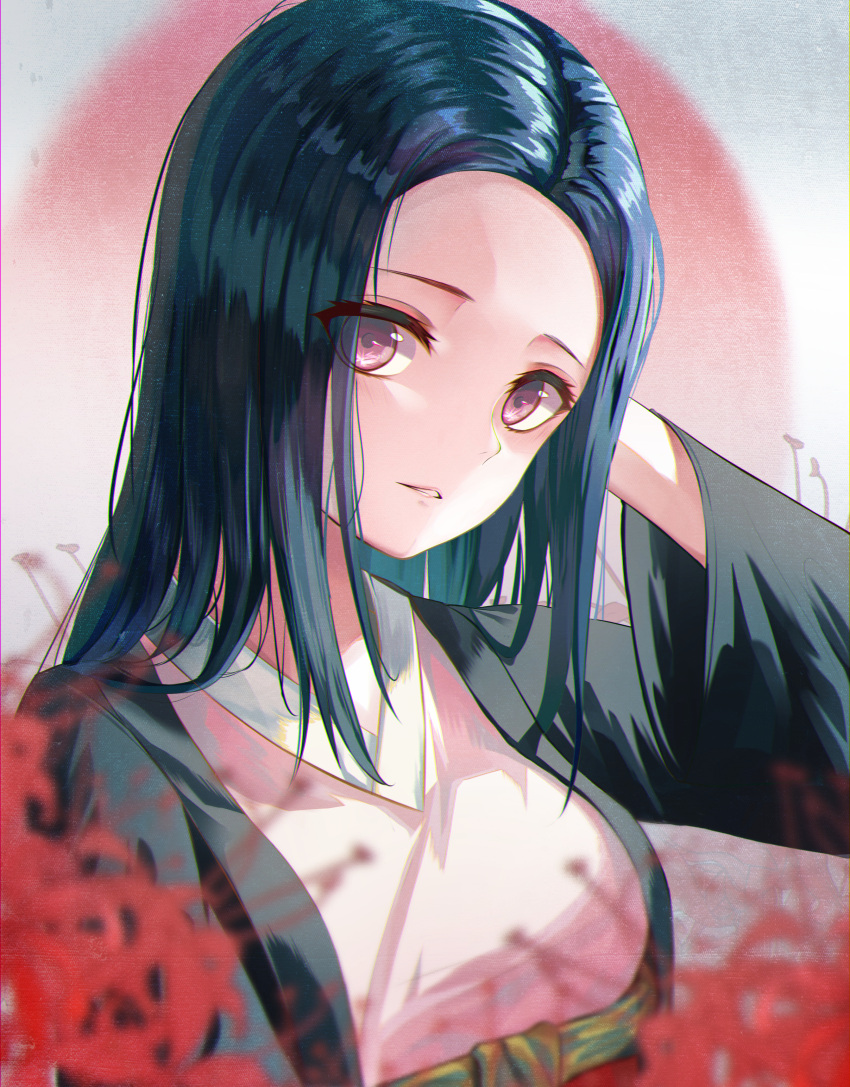 1girl absurdres blue_hair blurry_foreground flower hand_in_hair haori head_tilt highres huge_filesize japanese_clothes kamado_nezuko kimetsu_no_yaiba kimono long_hair long_sleeves looking_at_viewer parted_lips pink_eyes pink_kimono red_flower shiny shiny_hair smile2007h solo uppercut