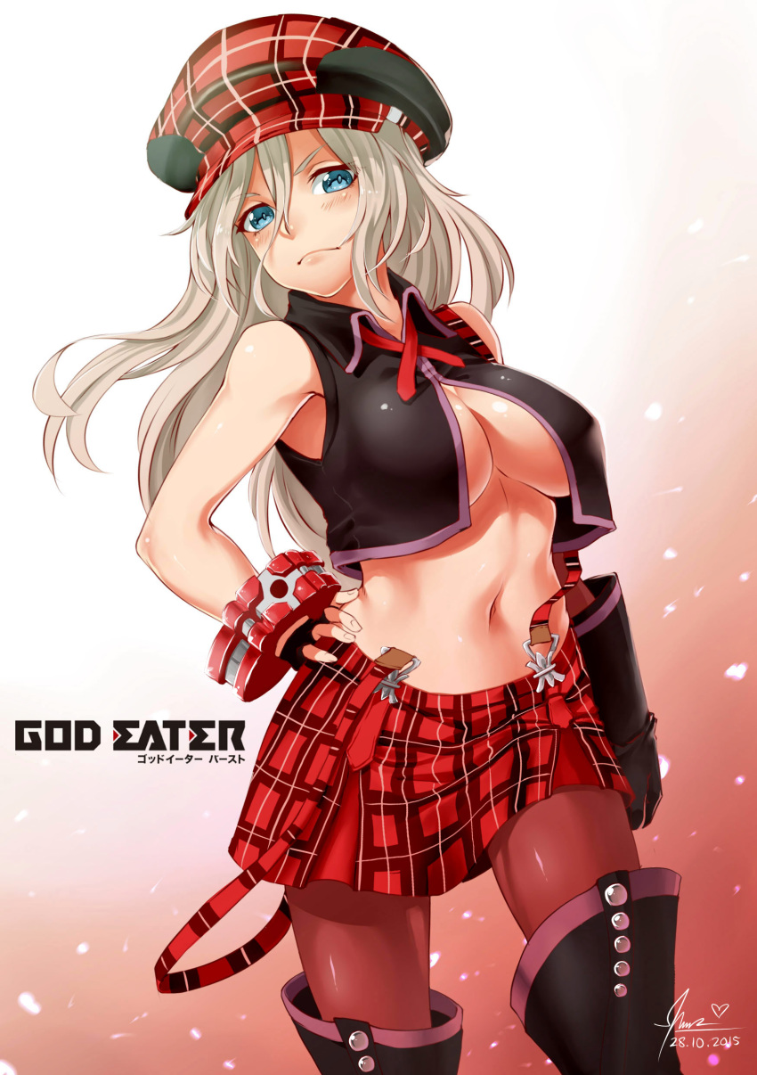 1girl 2015 absurdres alisa_ilinichina_amiella black_gloves blue_eyes blush breasts copyright_name dated fingerless_gloves gloves god_eater gradient gradient_background hand_on_hip hat highres lulu-chan92 navel pantyhose plaid plaid_skirt signature skirt solo suspenders thigh-highs under_boob