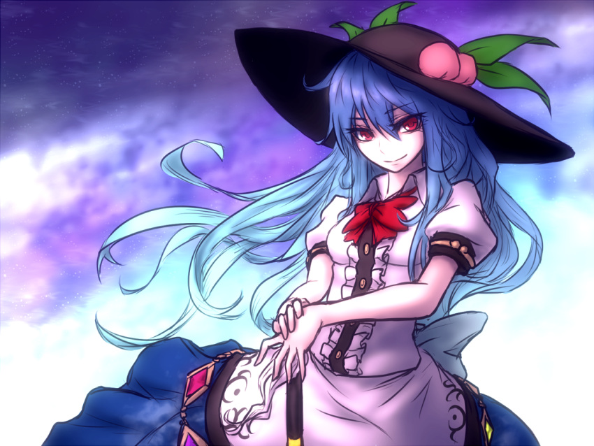 1girl blue_hair bow clouds food fruit hat hinanawi_tenshi long_hair looking_at_viewer miata_(pixiv) peach puffy_short_sleeves puffy_sleeves red_eyes shirt short_sleeves skirt sky smile solo sword_of_hisou touhou very_long_hair wind