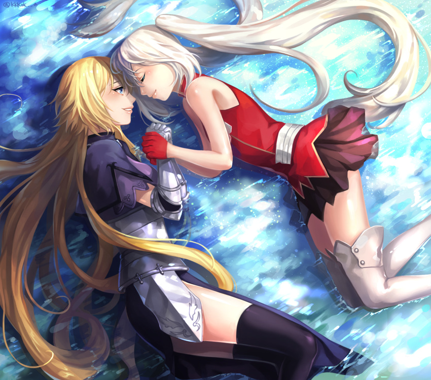 2girls armor armored_dress blonde_hair blue_eyes closed_eyes dress fate/apocrypha fate/grand_order fate_(series) faulds gauntlets gloves holding_hands kkkok__a long_hair lying marie_antoinette_(fate/grand_order) multiple_girls on_side ruler_(fate/apocrypha) silver_hair skirt smile thigh-highs twintails very_long_hair yuri