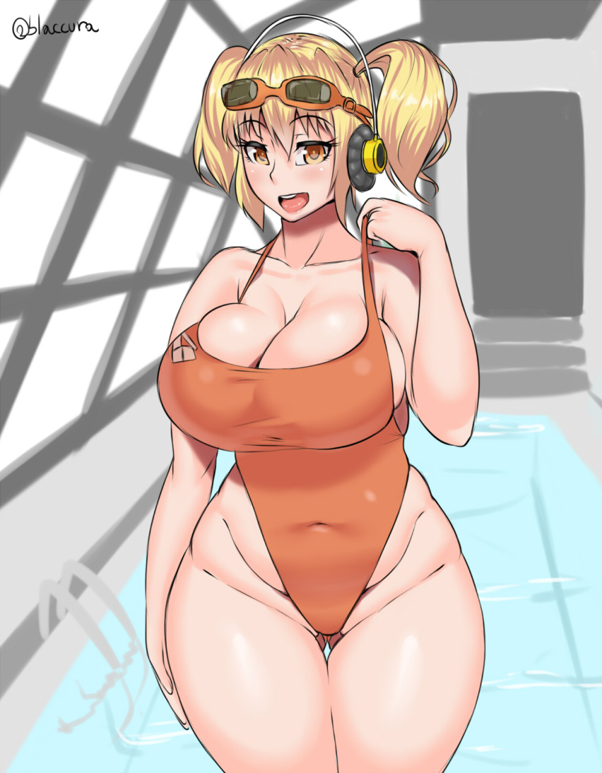 1girl bare_shoulders blonde_hair blush breasts burakku-ra cleavage collarbone curvy goggles goggles_on_head headphones highleg highleg_swimsuit highres huge_breasts looking_at_viewer nitroplus one-piece_swimsuit open_mouth orange_eyes plump pool rei_no_pool round_teeth short_hair sketch skin_tight smile solo super_pochaco swimsuit teeth thigh_gap thighs twintails wide_hips