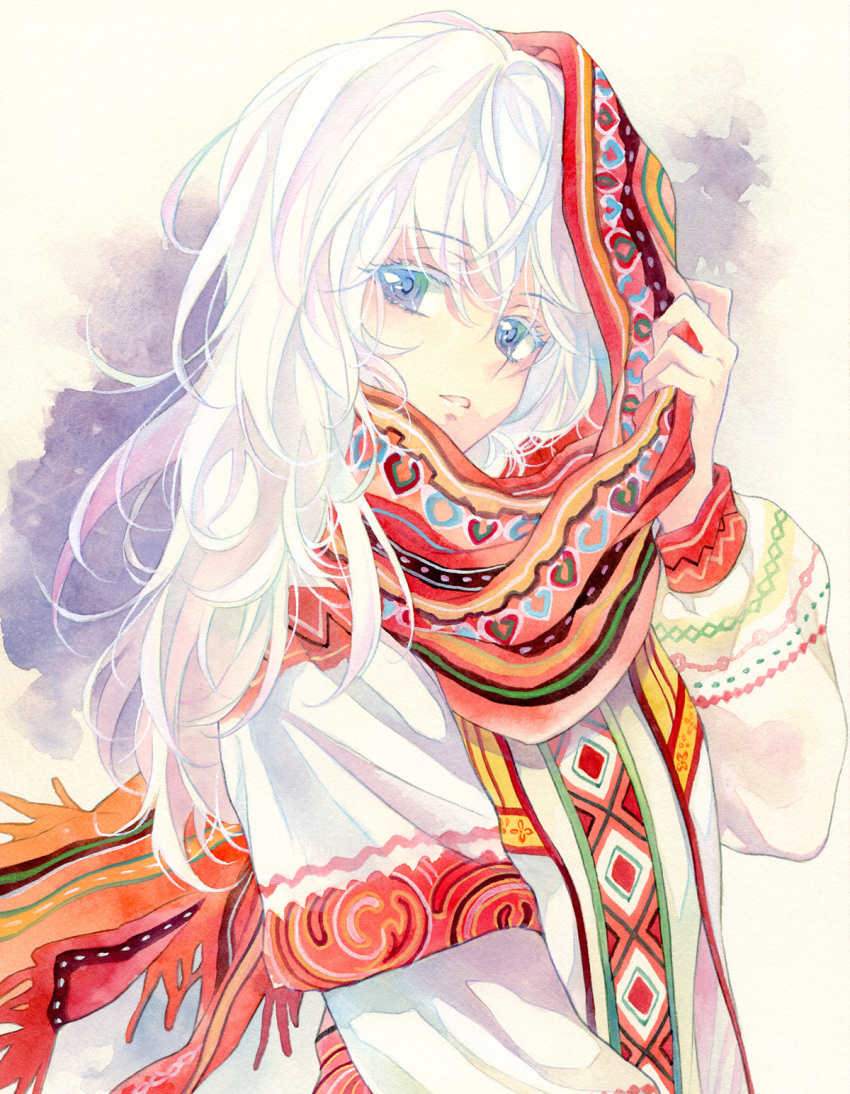 1girl agahari blue_eyes highres long_hair looking_at_viewer original scarf solo white_hair