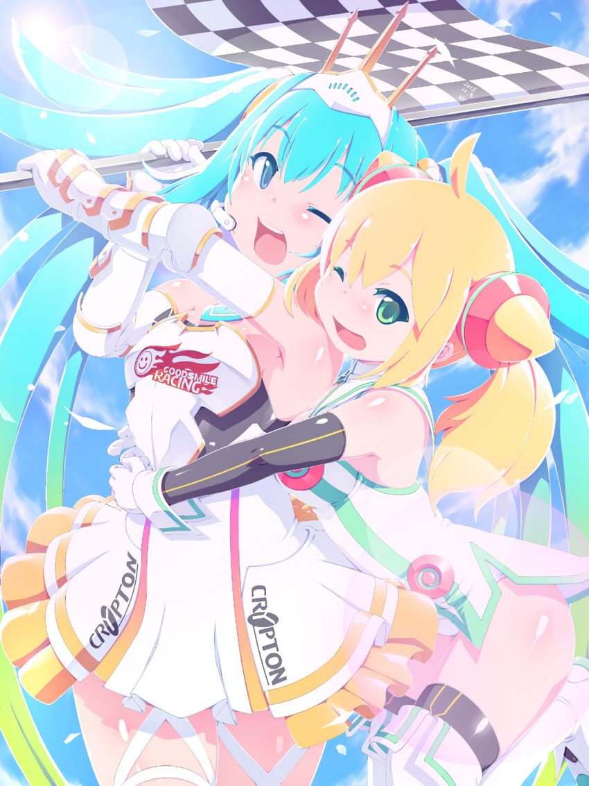 2girls aqua_hair blonde_hair blue_sky checkered checkered_flag elbow_gloves gloves green_eyes hacka_doll hacka_doll_1 hatsune_miku highres hug hug_from_behind lens_flare long_hair multiple_girls one_eye_closed open_mouth outdoors rapama sky thigh-highs twintails very_long_hair vocaloid