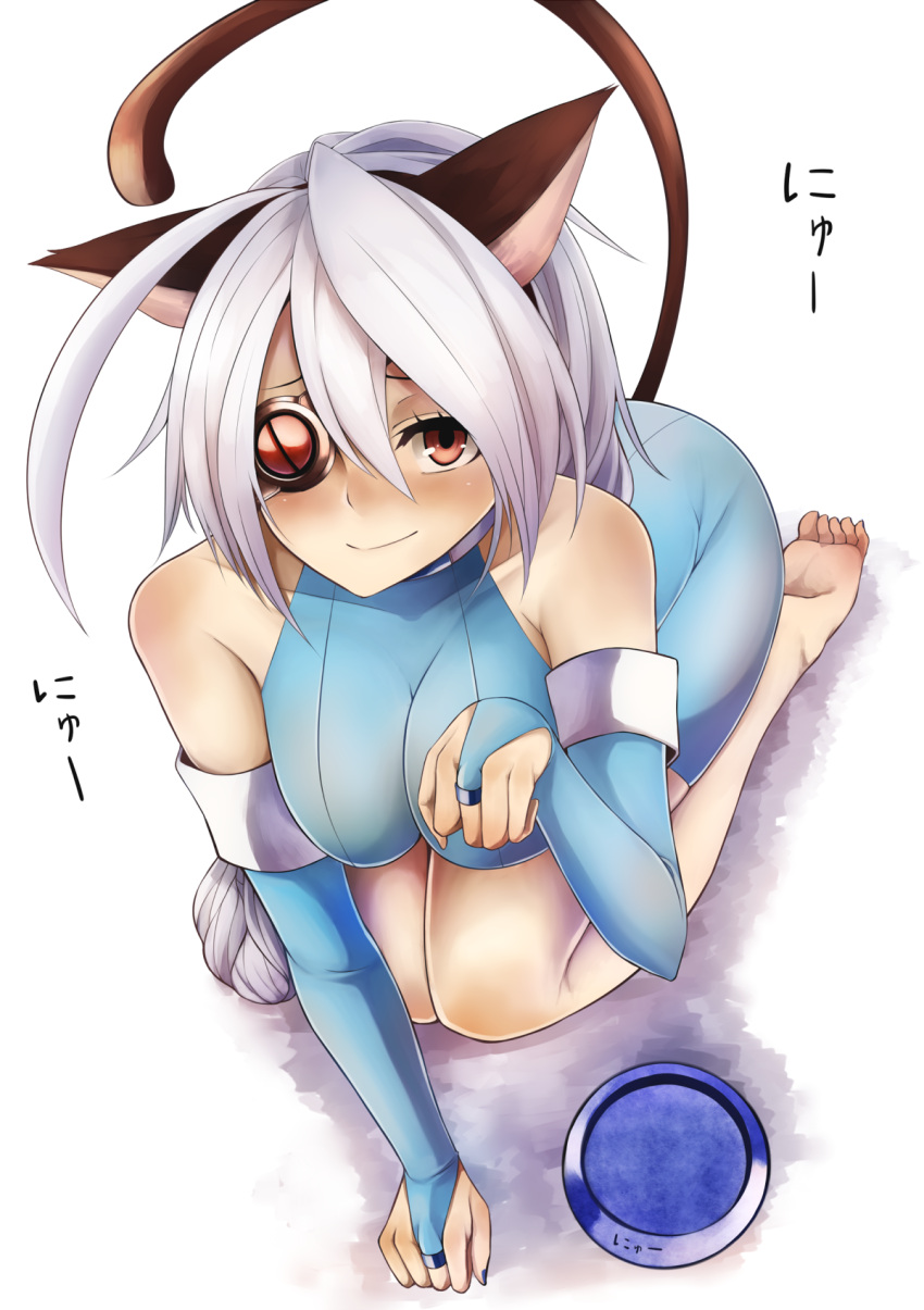 1girl ahoge animal_ears bare_shoulders barefoot blazblue braid breasts cat_ears eyepatch highres inaba_sunimi large_breasts long_hair looking_at_viewer nu-13 paw_pose red_eyes short_hair silver_hair simple_background smile solo translation_request very_long_hair white_background