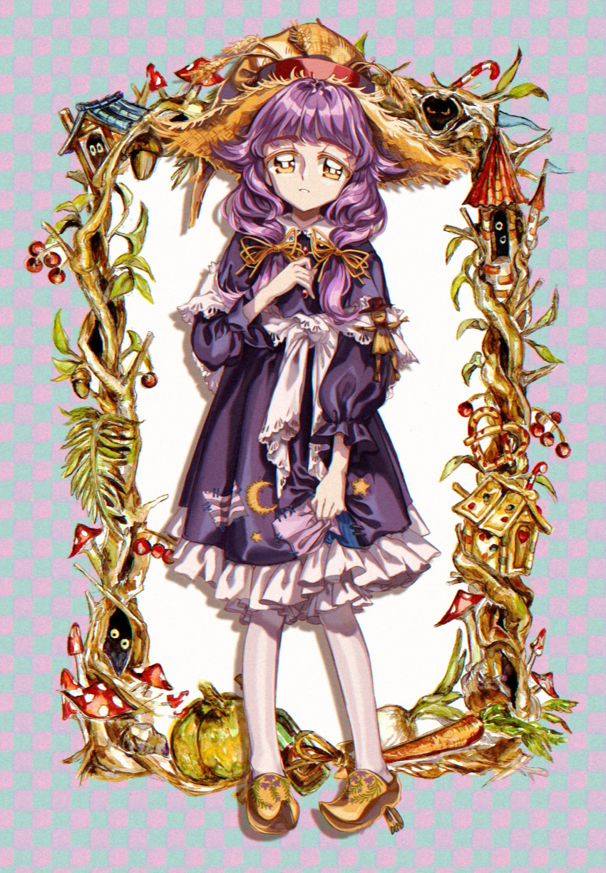 1girl absurdres clogs dress hat highres kirame_kirai little_goody_two_shoes long_sleeves low_twintails medium_hair official_art patchwork_clothes puffy_long_sleeves puffy_sleeves purple_dress purple_hair rozenmarine_(little_goody_two_shoes) shawl solo straw_hat twintails white_shawl witch_hat yellow_eyes