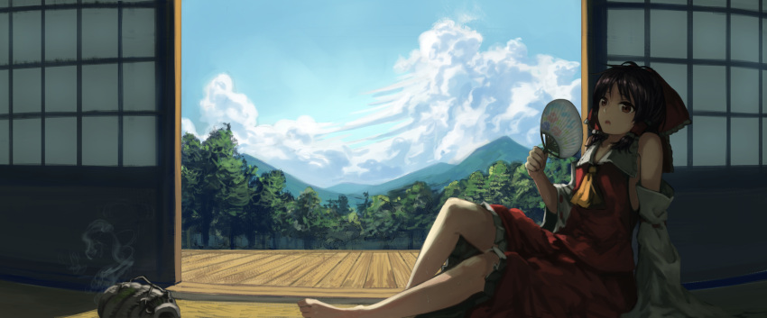 1girl ascot bare_shoulders barefoot berabou blue_sky brown_eyes brown_hair clouds detached_sleeves dress fan forest hakurei_reimu highres katori_buta long_sleeves looking_at_viewer mosquito_coil mountain nature open_door open_mouth paper_fan red_dress sky smoke solo sweat touhou uchiwa veranda wide_sleeves