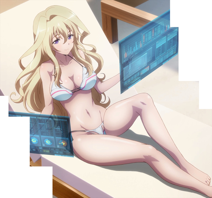 1girl barefoot bikini blonde_hair blush breasts chair claudia_enfield cleavage gakusen_toshi_asterisk groin highres holographic_interface holographic_monitor large_breasts legs long_hair lounge_chair navel screencap smile solo stitched swimsuit violet_eyes white_bikini white_swimsuit