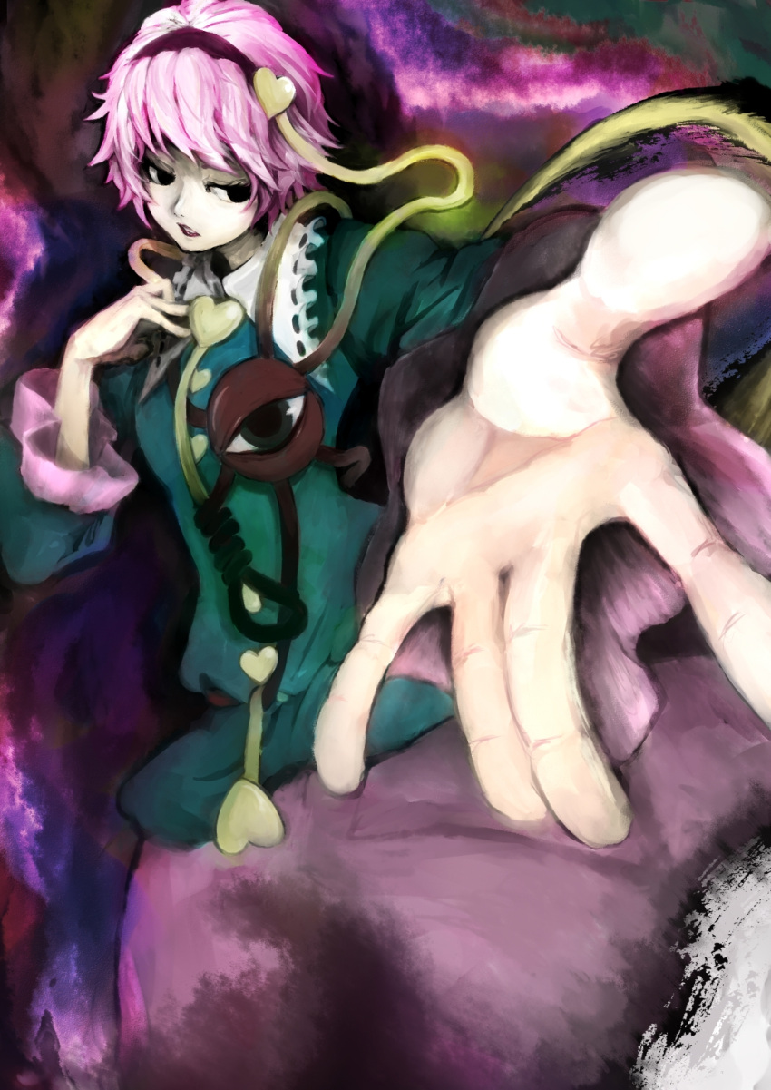 ema_non_(pixiv24963) foreshortening highres komeiji_satori looking_down outstretched_arm outstretched_hand solo touhou